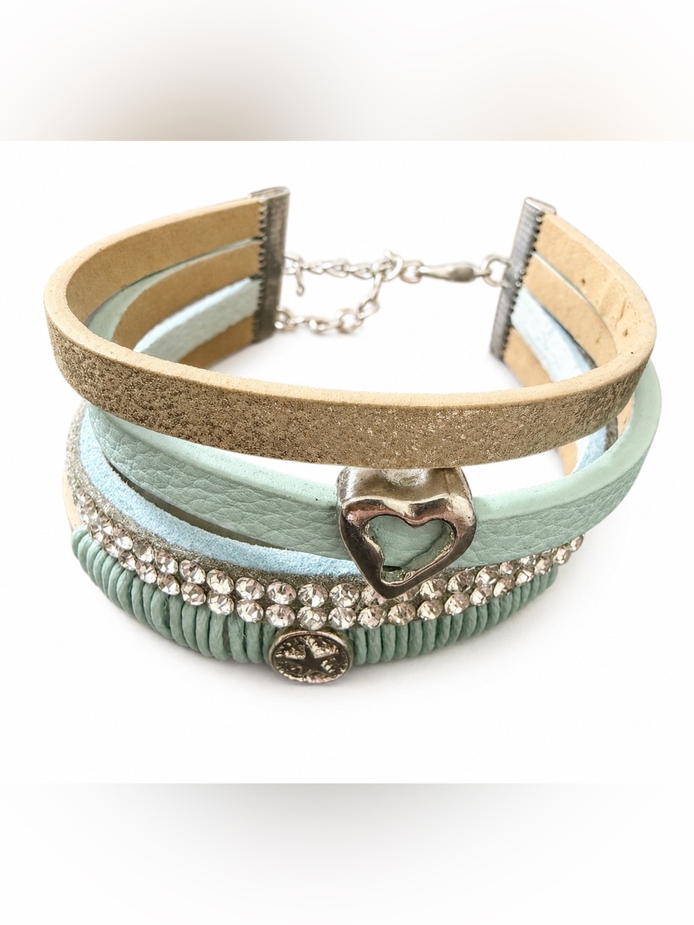 Boho Multi-Layer Bracelet Blue Faux Leather Rhinestone Heart Star Adjustable